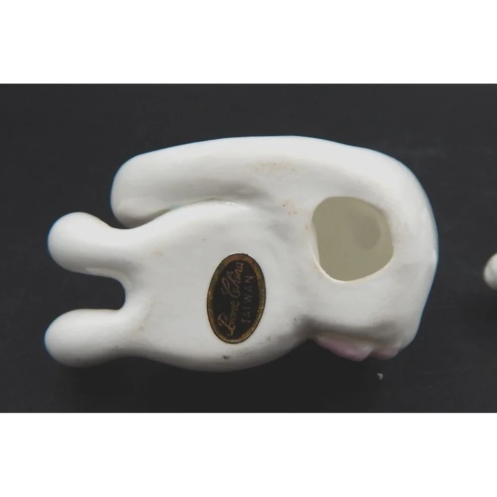 Bone China Tumbling Bunnies Rabbit Figurines 3.5 Inch White Pink Bow Taiwan